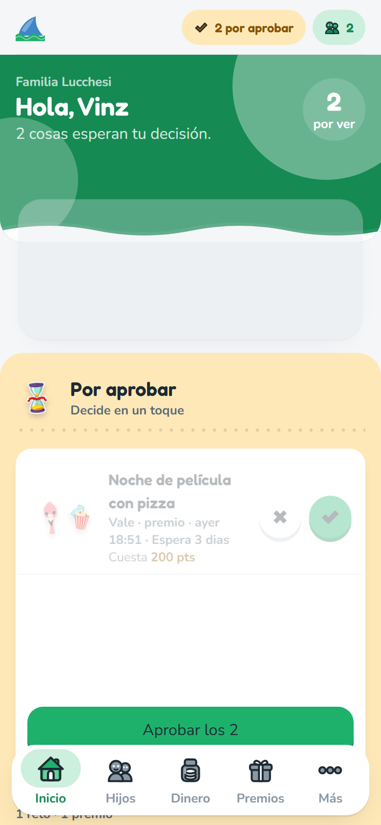 Pantalla del padre: bandeja de retos y premios por aprobar