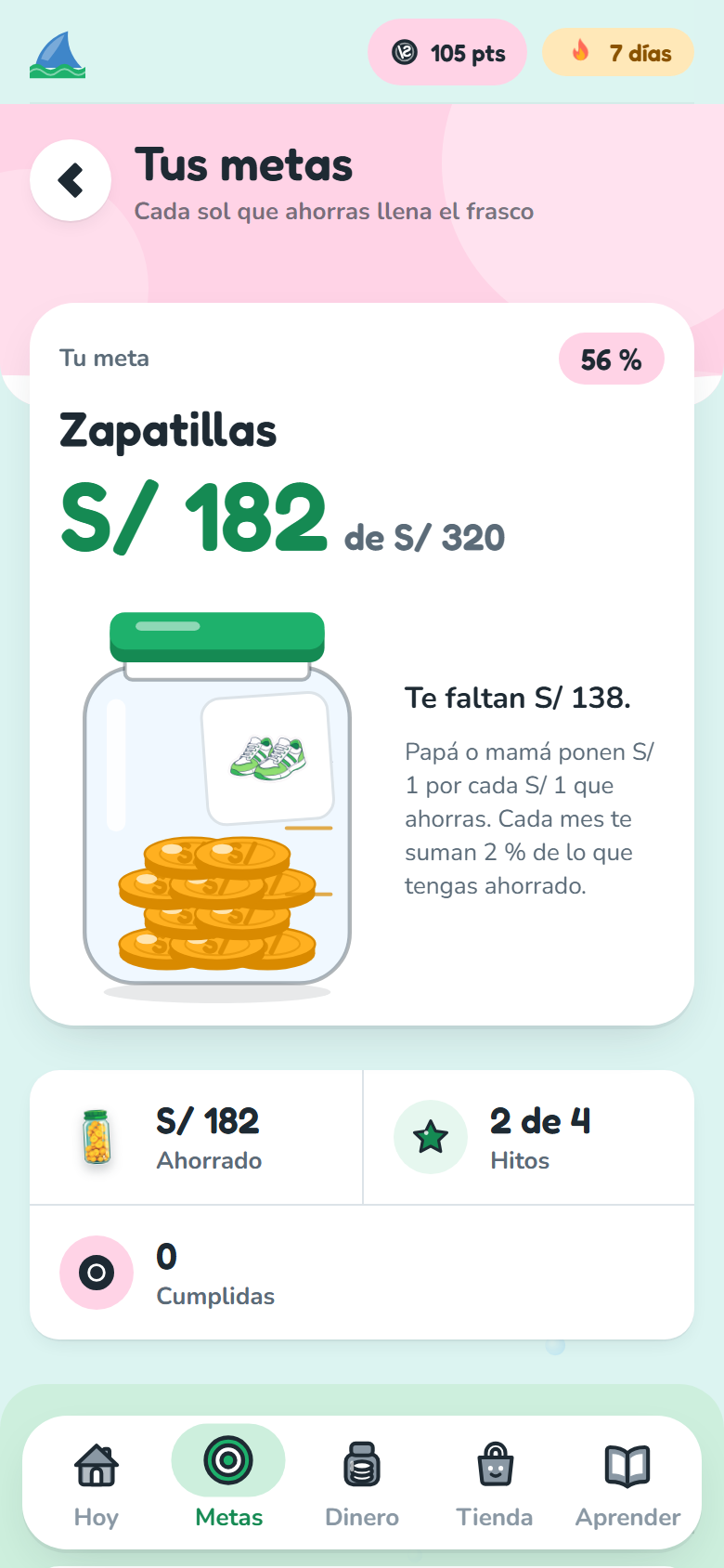 Pantalla de metas: el frasco con las monedas y sus cuatro paradas
