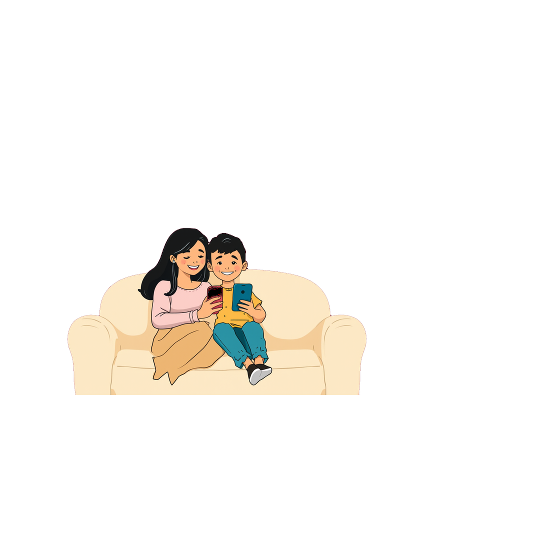 Una mamá y su hijo en el sofá mirando juntos la tablet